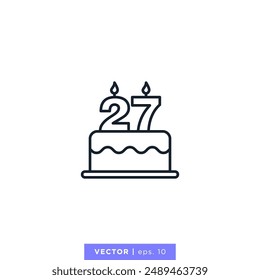 Birthday cake with number 27 icon vector illustration design template. 27th anniversary or birthday. Editable stroke.