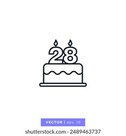 Birthday cake with number 28 icon vector illustration design template. 28th anniversary or birthday. Editable stroke.