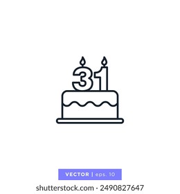 Birthday cake with number 31 icon vector illustration design template. 31st anniversary or birthday. Editable stroke.