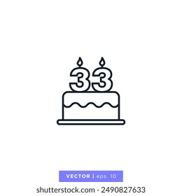 Birthday cake with number 33 icon vector illustration design template. 33rd anniversary or birthday. Editable stroke.