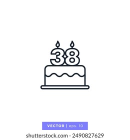 Birthday cake with number 38 icon vector illustration design template. 38th anniversary or birthday. Editable stroke.