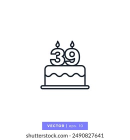 Birthday cake with number 39 icon vector illustration design template. 39th anniversary or birthday. Editable stroke.