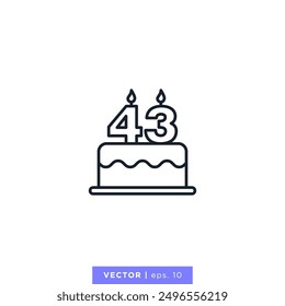 Birthday cake with number 43 icon vector illustration design template. 43rd anniversary or birthday. Editable stroke.