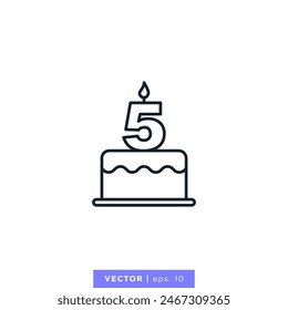 Birthday cake with number 5 icon vector illustration design template. 5th anniversary. Editable stroke.