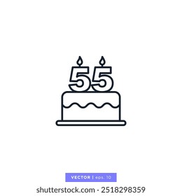 Birthday cake with number 55 icon vector illustration design template. 55th anniversary or birthday. Editable stroke.