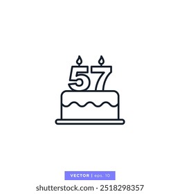 Birthday cake with number 57 icon vector illustration design template. 57th anniversary or birthday. Editable stroke.