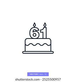 Birthday cake with number 61 icon vector illustration design template. 61st anniversary or birthday. Editable stroke.