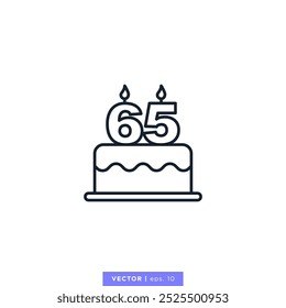 Birthday cake with number 65 icon vector illustration design template. 65th anniversary or birthday. Editable stroke.