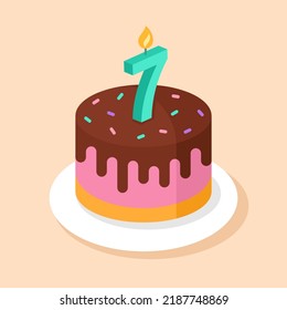 Birthday cake with number 7 candle. Seventh birthday vector illustration.