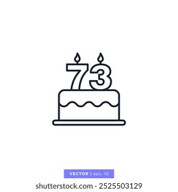 Birthday cake with number 73 icon vector illustration design template. 73rd anniversary or birthday. Editable stroke.