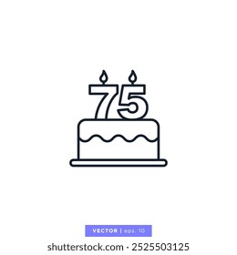 Bolo de aniversário com o número 75 ícone modelo de design de ilustração de vetor. 75º aniversário. Traçado editável.