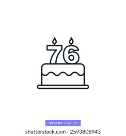 Birthday cake with number 76 icon vector illustration design template. 76th anniversary or birthday. Editable stroke.