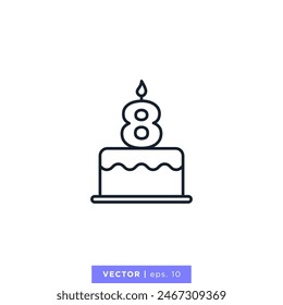 Birthday cake with number 8 icon vector illustration design template. 8th anniversary. Editable stroke.