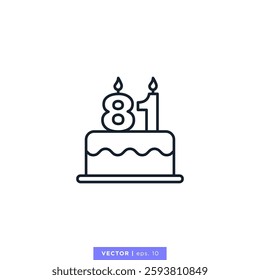 Birthday cake with number 81 icon vector illustration design template. 81st anniversary or birthday. Editable stroke.