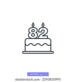 Birthday cake with number 82 icon vector illustration design template. 82nd anniversary or birthday. Editable stroke.