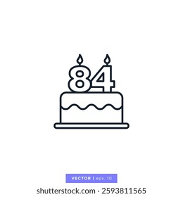 Birthday cake with number 84 icon vector illustration design template. 84th anniversary or birthday. Editable stroke.