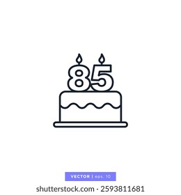 Birthday cake with number 85 icon vector illustration design template. 85th anniversary or birthday. Editable stroke.