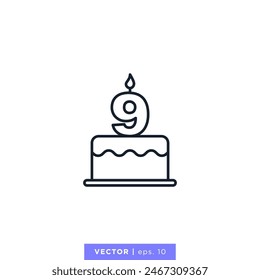 Birthday cake with number 9 icon vector illustration design template. 9th anniversary. Editable stroke.