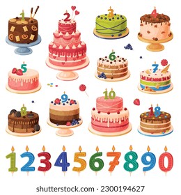 Birthday cake and number age candles set. Festive dessert with burning number shaped candles cartoon vector illustration