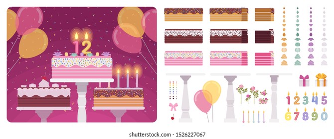 Birthday cake with number candles, cream, frosting construction set, anniversary, special day party creation, decoration elements to build your own design. Cartoon flat style infographic illustration