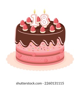 Birthday cake with number candles vector illustration on white background. Celebration birthday cake is sweet delicious dessert. Strawberry chocolate birthday cake is a popular cake.