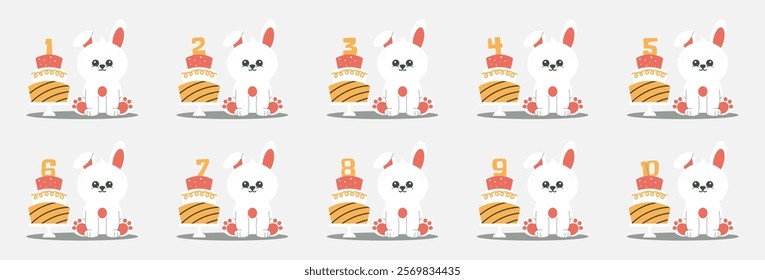 Birthday cake with number, cute bunny character vector set. Beautiful elements for Kids Birthday Party invitation, greeting card, poster, event, prints and cake toppers design