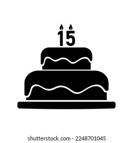 birthday cake with number fifteen candle, simple black vector icon