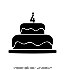 pastel de cumpleaños con la vela número cuatro, icono simple vector negro