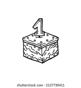 Birthday cake with number one on top, hand drawn square shaped cookie with creamy biscuit flavor. Sweet food pen drawing detail outline illustration. Celebration piece of cupcake, tasty outline symbol