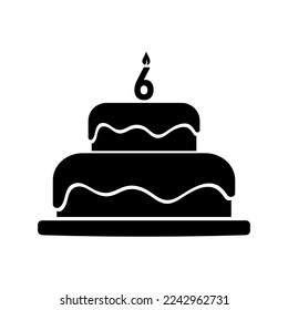 birthday cake with number six candle, simple black vector icon
