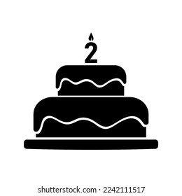 birthday cake with number two candle, simple black vector icon