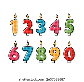 Birthday cake numbers. Icon set of candles for greeting cards, festive designs, anniversaries, celebrations, decorations, surprise parties. Vector flat illustration isolated on a white background