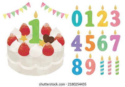Birthday cake and numeral candles watercolor