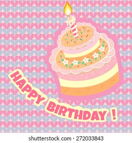 Birthday cake on the background of blue and rose heartes. Vector Illustration EPS10.