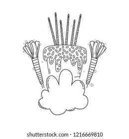Birthday cake on clouds in black and white
