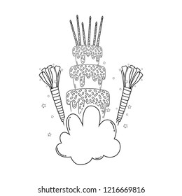 Birthday cake on clouds in black and white