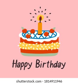 Birthday cake on pink background with Happy Birthday phrase. Party celebration concept. Vector clipart design