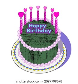 birthday cake on a plate with heart candle flames