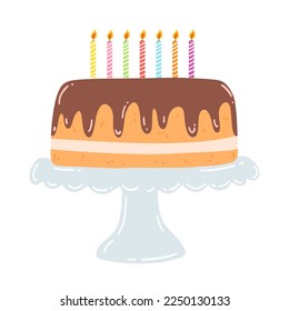 Birthday cake on a stand with candles in flat style. Hand drawn vector illustration of chocolate cake with cream, sweet dessert, pastry food