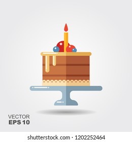 Birthday cake on the stand with shadow. Vector flat icon