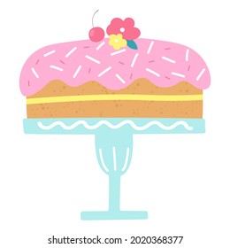 Birthday cake on a stand vector illustration. Hand drawn cake with cream, flowers decor and cherry on top. Cute doodle illustration of pastry food svg