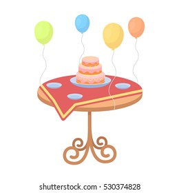 Birthday cake on the table icon in cartoon style isolated on white background. Event service symbol vector illustration.