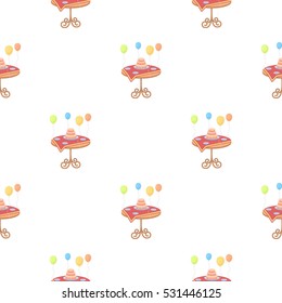 Birthday cake on the table icon in cartoon style isolated on white background. Event service symbol stock vector illustration.