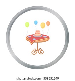 Birthday cake on the table icon in cartoon style isolated on white background. Event service symbol stock vector illustration.