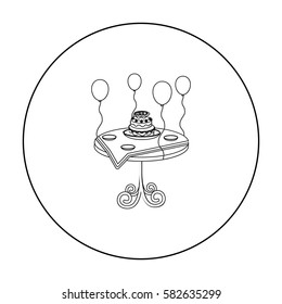 Birthday cake on the table icon in outline style isolated on white background. Event service symbol stock vector illustration.