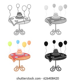 Birthday cake on the table icon in cartoon style isolated on white background. Event service symbol stock vector illustration.