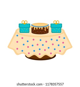 Birthday cake on a table with presents