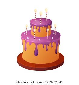 Birthday cake on wooden plate with pink cream, drip, candles, anniversary desert in cartoon style isolated on white background
