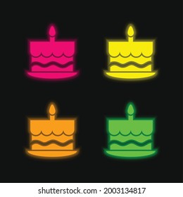 Birthday Cake With One Burning Candle On Top four color glowing neon vector icon
