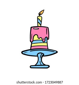 Birthday cake with one candle, Colorful icon, doodle hand drawn stock vector illustration isolated on white background